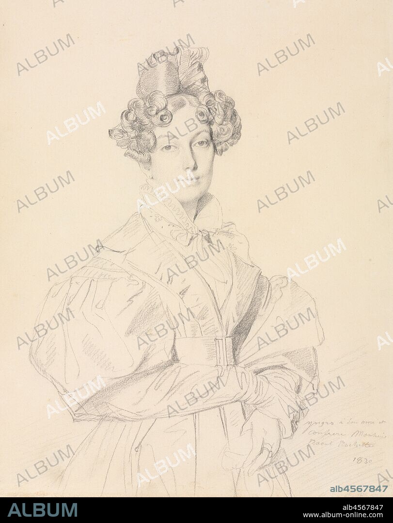Madame Désiré Raoul-Rochette, 1830. Ingres became adept at making portrait drawings in graphite when he lived in Rome and needed the income they provided. After finally achieving public success in Paris, however, he made such works only as gifts for friends. He drew this sheet for the sitter's husband, a famous archaeologist, to whom the work is dedicated at the lower right. Ingres?s technical mastery is fully evident in this portrait, which shows no evidence of erasure or correction. Madame Raoul-Rochette, born Antoinette-Claude Houdon, was the youngest daughter of Jean-Antoine Houdon (1741-1828), one of the most important French sculptors of the 18th century. Always attentive to fashion, Ingres shows the sitter here in day-wear, sporting a  redingote  (a coat open down the front) and a dress with long  gigot  or leg-of-mutton sleeves, stylishly enormous at the top.