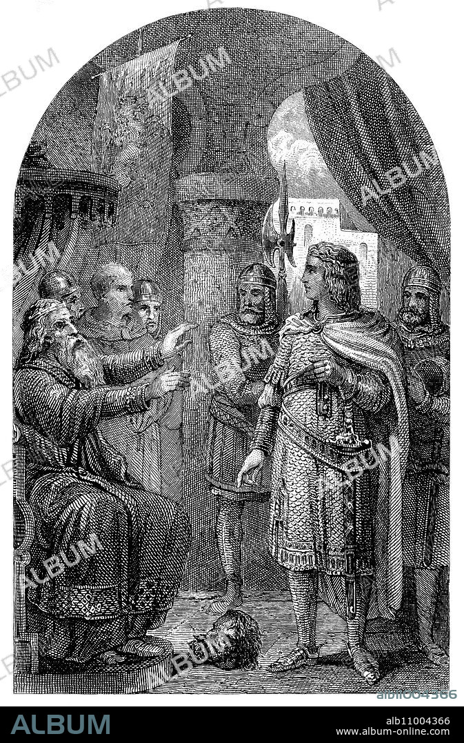 Rodrigo Diaz de Vivar (1045-1099), el Cid Campeador, presentando a su padre Diego Lainez de Vivar (1023-1058) la cabeza de su enemigo, el padre de su esposa doña Jimena.