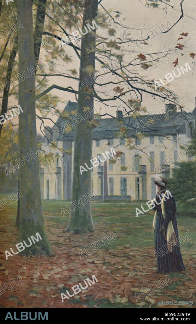 'Josephine at Malmaison', 1896. The Empress at the Château de Malmaison, near Paris. Joséphine de Beauharnais (1763-1814) was the first wife of Napoleon I, and first Empress of the French. Typogravure after the painting made c1880-1896 by Realier-Dumas. From Life of Napoleon Bonaparte, Volume IV, by William Milligan Sloane. [The Century Co., New York, 1896].