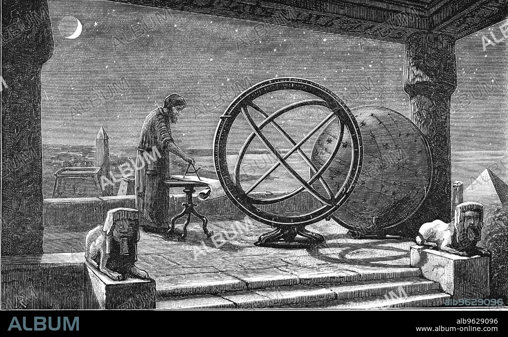 Hipparchus, Ancient Greek astronomer, 2nd century BC (c1880). Artist's reconstruction of Hipparchus (c190-c127 BC) at work. A methodical observer, Hipparchus compiled the first known star catalogue, listing some 850 stars, as well as their celestial coordinates and magnitude. His work profoundly influenced that of Ptolemy. Hipparchus was also an early pioneer of ttrigonometry.