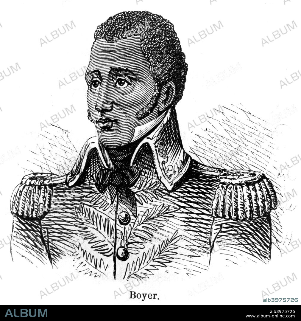 Jean Pierre Boyer, Haitian soldier and President of Haiti, 1873. Boyer (1776-1850) became President of the Republic of Haiti in 1818. In 1822 he became ruler of the whole of the island of Hispaniola after invading the newly independent formerly Spanish half of the island, Santo Domingo. His rule ended in 1843 when he was overthrown and forced into exile. From Santo Domingo: past and present, with a glance at Hayti, by Samuel Hazard, 1873.