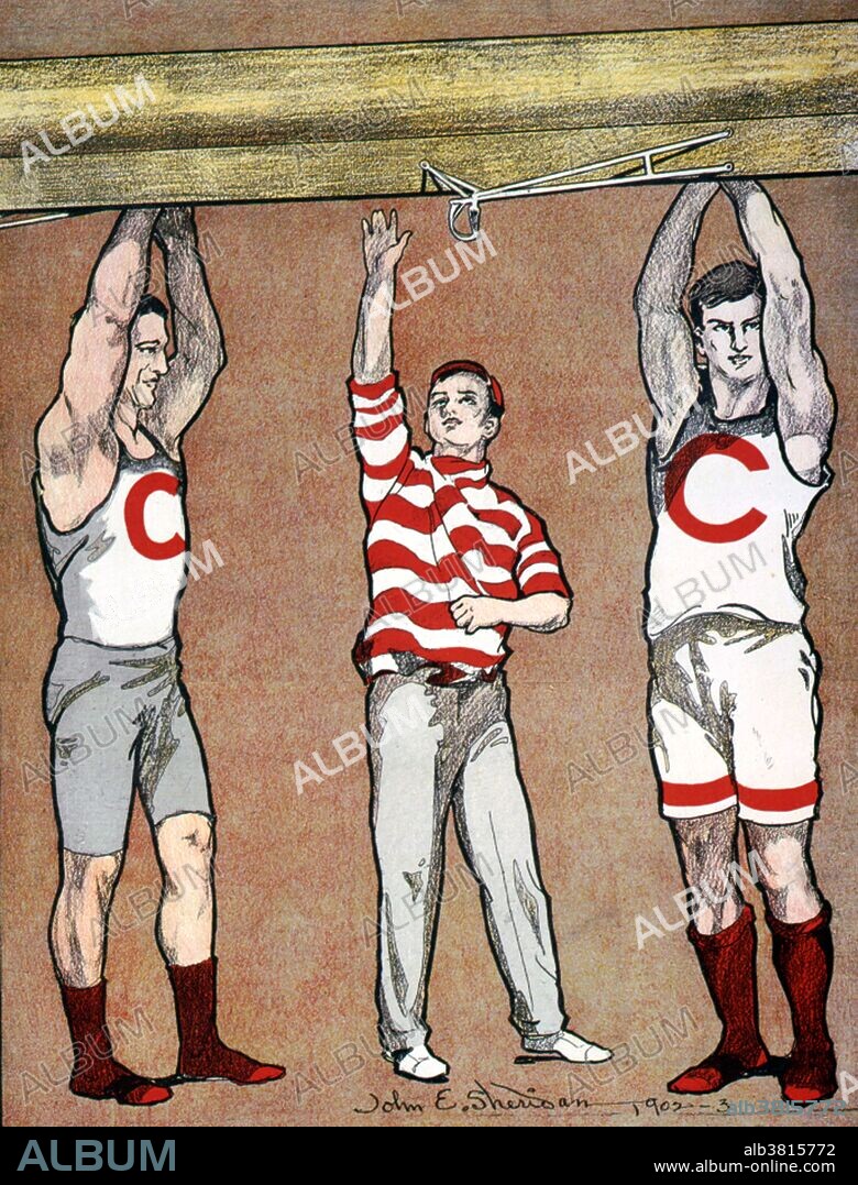 Members of Cornell rowing team holding up boat; over another illustration of a boat house. John E. Sheridan (1880 - July 3, 1948, New York) was an American illustrator well known in his lifetime for his cover art for The Saturday Evening Post, his illustrations for Collier's Weekly and Ladies' Home Journal, and his commercial advertisements. He was a member of the Dutch Treat Club, and a frequent contributor to the program of their annual banquet and show, and was an instructor at New York's School of Visual Arts at the time of its founding. His obituary in The New York Times states that he "was credited with the idea of using posters to advertise college sports". Cornell University is an American private Ivy League and land-grant doctoral university located in Ithaca, New York. Since its founding, Cornell has been a co-educational, non-sectarian institution where admission has not been restricted by religion or race.