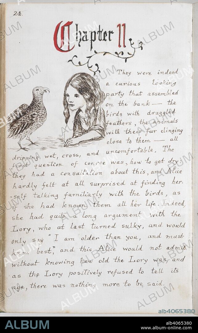 CHARLES LUTWIDGE DODGSON et DODGSON, CHARLES LUTWIDGE, PSEUD. LEWIS CARROLL. Alice consults the Lory. Alice's Adventures Under Ground [in Wonderland]. England [Oxford]; 1862-1864. [Whole folio] Text and drawing from the opening of Chapter II: Alice consults the Lory, on how all the birds and animals should get dry, after swimming in the pool of her tears  Image taken from Alice's Adventures Under Ground [in Wonderland].  Originally published/produced in England [Oxford]; 1862-1864. . Source: Add. 46700, f.13v. Language: English.