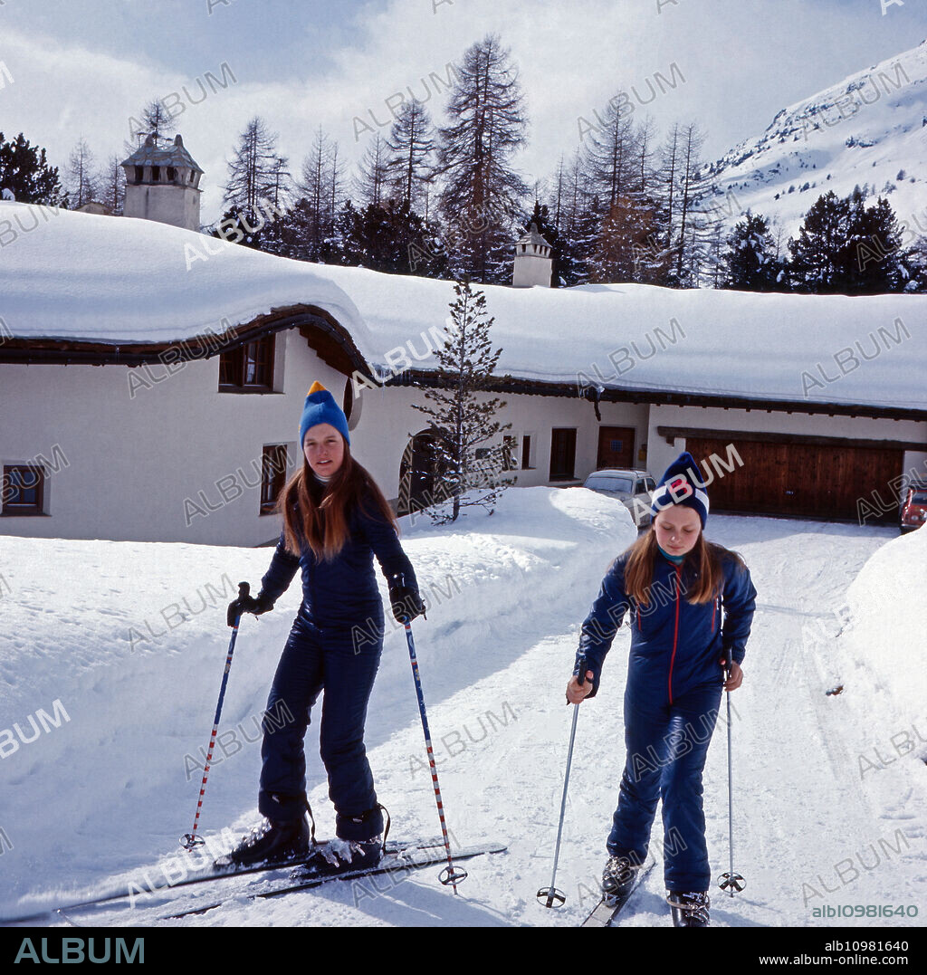 Isabel and Arabel von Karajan in the snow, Austria 1972.