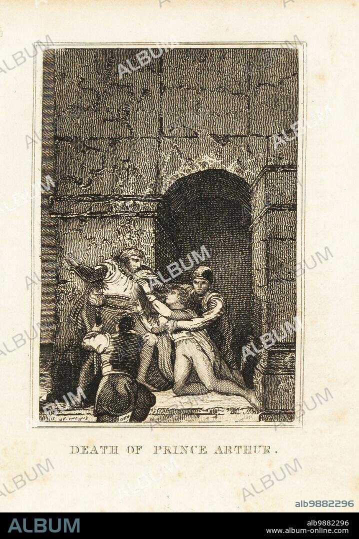 Drunken King John of England killing Arthur I Duke of Brittany, with a dagger after imprisoning him in the castle of Rouen, 1203. Death of Prince Arthur. Copperplate engraving from M. A. Jones History of England from Julius Caesar to George IV, G. Virtue, 26 Ivy Lane, London, 1836.