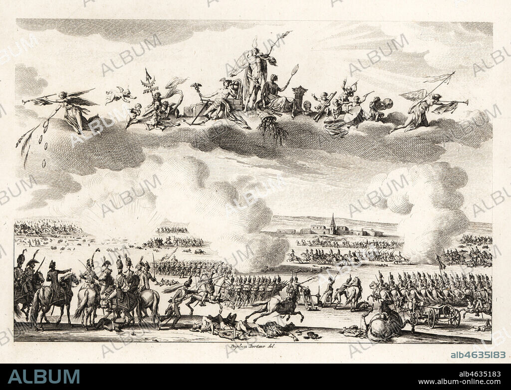 Napoleon Bonaparte, First Consul of the French Republic, commanding the French Army at the Battle of Marengo. Mezzotint drawn and engraved by Jean Duplessis-Bertaux from his Collection Complete de 60 Portraits des Personnages qui ont le plus Figure dans la Revolution Francaise, Auber, Pairs, 1800.