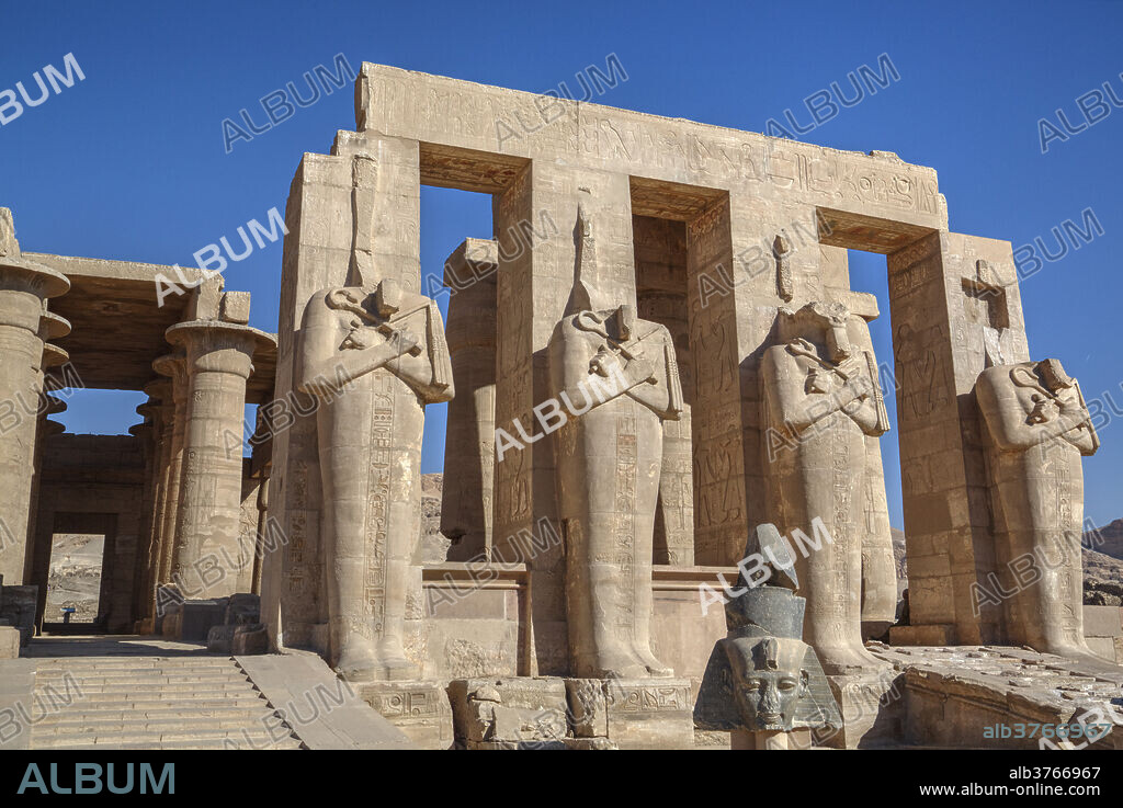 Four statues of Osiris, Hypostyle Hall, The Ramesseum (Mortuary Temple of Ramese II), Luxor, West Bank, Thebes, UNESCO World Heritage Site, Egypt, North Africa, Africa.