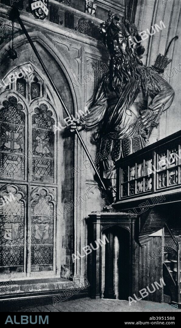 'Gog (Gogmagog), One of the two City giants burnt in the London Guildhall fire of Sunday December 29th, 1940'. Gog and Magog, are associated with Guildhall. Legend has it that the two giants were defeated by Brutus and chained to the gates of his palace on the site of Guildhall. The earliest versions of Gog and Magog were destroyed during the Great Fire of London. They were replaced in 1708 by a pair of wooden statues carved by Captain Richard Saunders. It was these giants that were destroyed in the Blitz. From The Connoisseur, 1941 edited by H. Granville Fell. [The National Magazine Co. Ltd, London, 1941].
