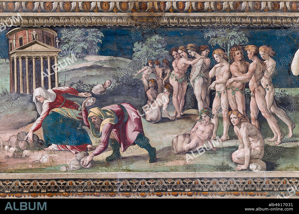 Rome, Villa Farnesina, The Hall of Perspectives: the ample frieze with mythological scenes inspired by the Ovid Metamorphoses. Detail of Deucalion and Pyrrha throwing stones.. Frescoes by Baldassarre Peruzzi (1517-8). Once the deluge was over and the couple had given thanks to Zeus, Deucalion (said in several of the sources to have been aged 82 at the time) consulted an oracle of Themis about how to repopulate the earth. He was told to cover his head and throw the bones of your mother behind your shoulder. Deucalion and Pyrrha understood that "mother" is Gaia, the mother of all living things, and the "bones" to be rocks. They threw the rocks behind their shoulders and the stones formed people. Pyrrha's became women; Deucalion's became men.