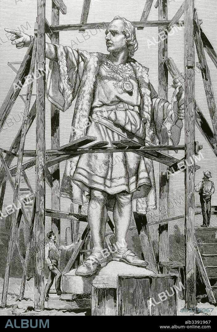 Barcelona. Estatua de Cristobal Colón. Escultura de D. Rafael Atché (1855-1923) para el monumento a Colón, construido con motivo de la Exposición Universal de 1888. Fué inaugurado el 1 de junio de 1888. Entre los escultores que intervinieron también se encontraban Josep Llimona, Rossend Nobas y Agapito Vallmitjana. El encargado de las obras fué Gaietà Buïgas, que presentó el proyecto bajo el lema "Honrando a Colón, Cataluña honra a sus hijos predilectos". Fundida en los talleres de Vidal y Compañía. Grabado por Llonch. La Ilustración Española y Americana, 1887.