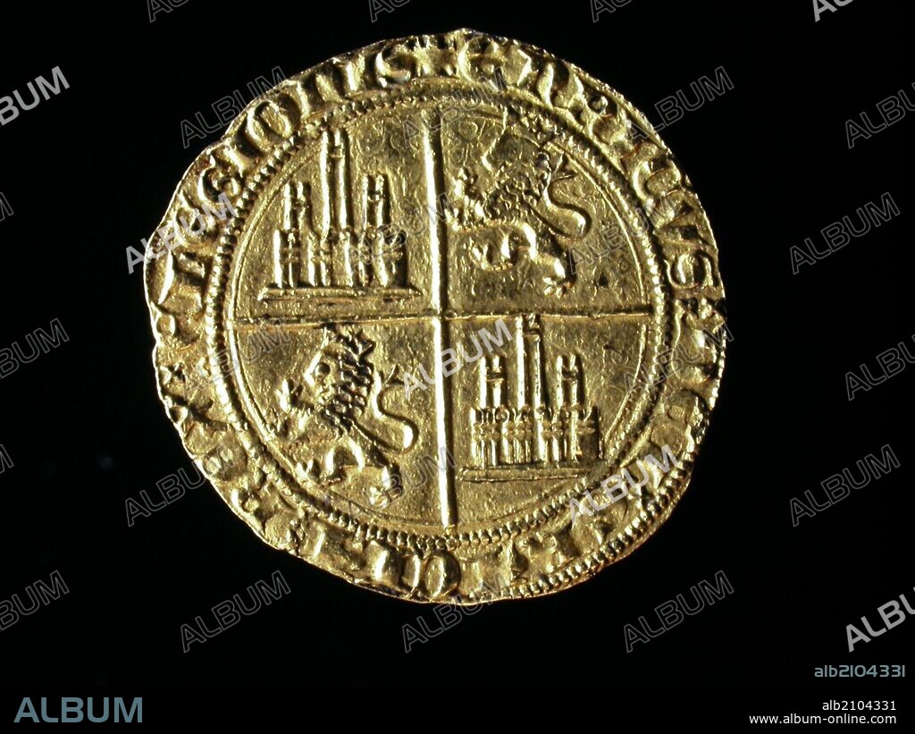 NUMISMATICA. MONEDA MEDIEVAL CRISTIANA. DOBLA DE TREINTA Y CINCO MARAVEDIS DE ORO, DE ENRIQUE II DE CASTILLA. REVERSO. ESCUDO CUARTELADO DE CASTILLOS Y LEONES. 1379. (DEPOSITO: MUSEO ARQUEOLOGICO NACIONAL).