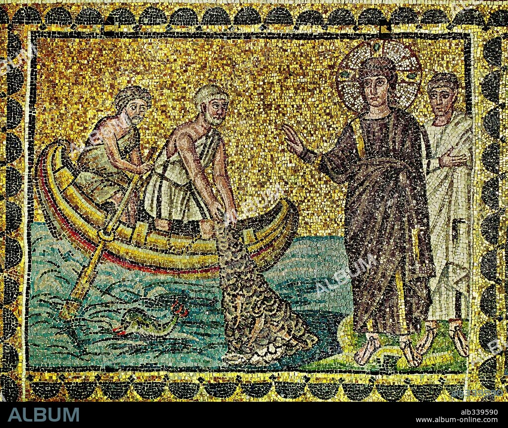 Christ calls Apostles Peter and Andrew as fishermen, mosaic cycle Saint Apollinare Nuovo Ravenna, VIth century AD. San Apollinare Nuovo, Ravenna.