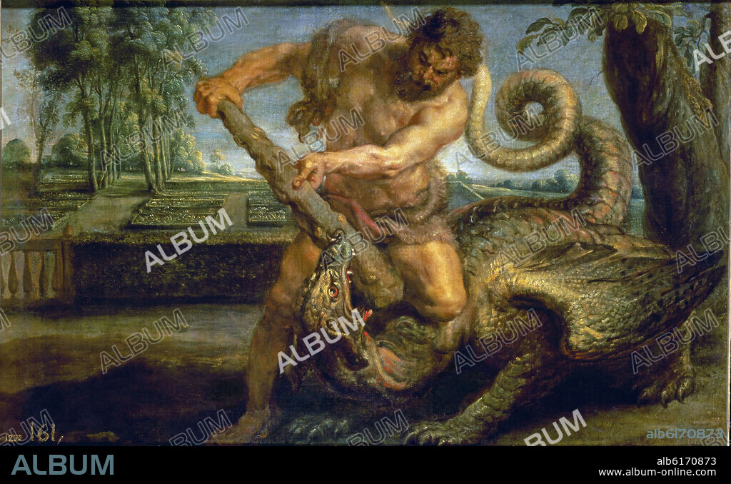 JUAN BAUTISTA MARTINEZ DEL MAZO (1611-1667). HERCULES MATANDO AL DRAGON DEL JARDIN DE LAS HESPERIDES - SIGLO XVII - OLEO/LIENZO - 65 x 155 cm - BARROCO ESPAÑOL - NP 1711.