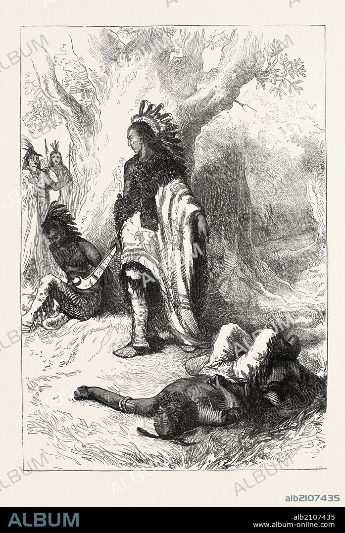 UNCAS AND MIANTONOMOH; Uncas was a sachem of the Mohegan who through his alliance with the English colonists in New England against other Indian tribes made the Mohegan the leading regional Indian tribe in lower Connecticut; Miantonomoh was a chief of the Narragansett tribe of New England Indians, US, USA, 1870s engraving.