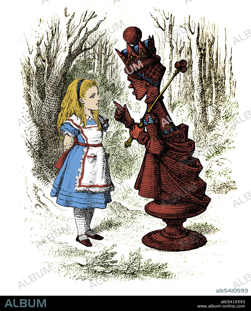 Alice and the Red Queen, illustrated by John Tenniel from Through the Looking-Glass, and What Alice Found There (1871), a novel by Lewis Carroll. (colour-enhanced).