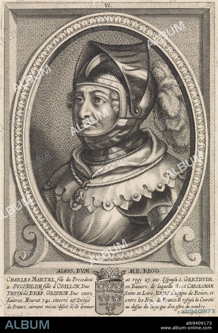 Portrait of Charles Martel with his coat of arms and motto. Below the portrait a short biography. Numbered 'VI' at the top, Portrait of Charles Martel, print maker: Pieter van Schuppen, (mentioned on object), Paris, 1660 - 1669, paper, engraving, h 175 mm × w 118 mm.