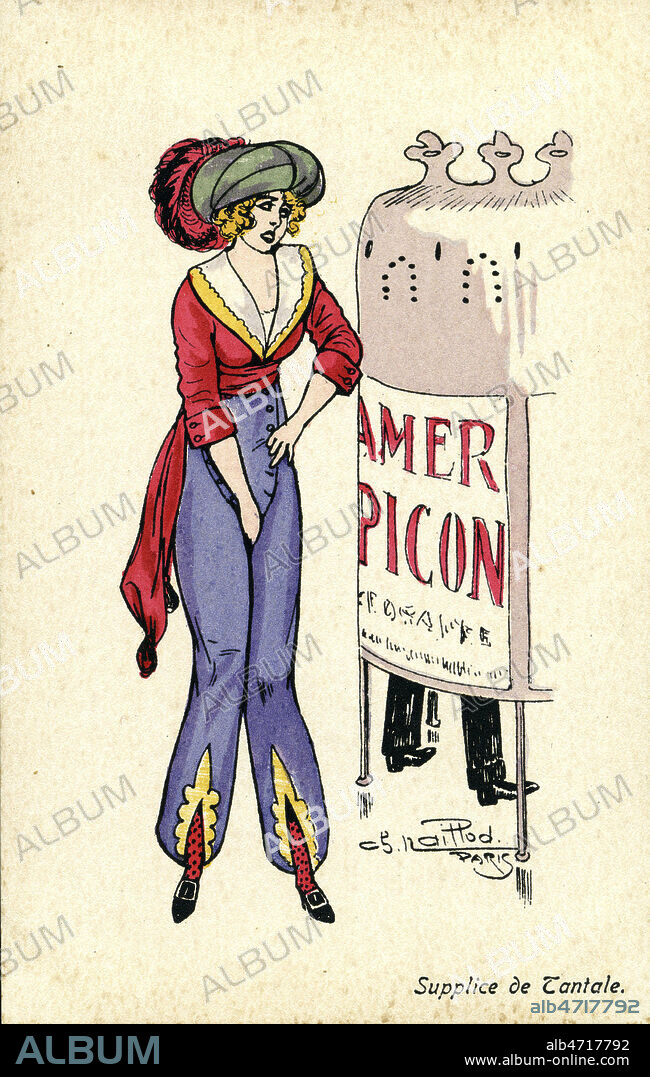 'Supplice de tantale' : femme ayant envie d'uriner devant un urinoir public sur lequel est collee une affiche d'Amer Picon. Carte postale vers 1910. Illustration par C. Naillod (1876-1941). Credit : IM/KHARBINE-TAPABOR.