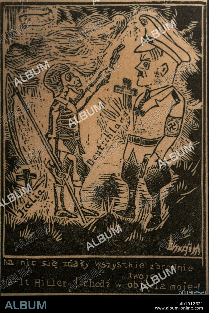 SEGUNA GUERRA MUNDIAL. NACIONALSOCIALISMO ALEMAN. CARTEL antinazi. "Sus esfuerzos son en vano. Halt, Hitler". Museo de Schindler. Cracovia. Polonia. Europa.