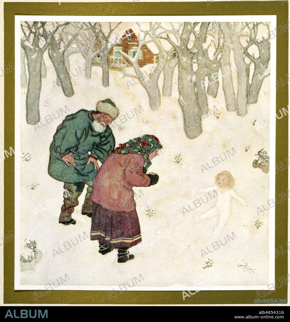 la petite fille de neige, conte russe, ou conte de grimm: deux vieux qui revent d'avoir un enfant trouvent un jour une petite fille de neige... Illustration par Edmund DULAC (1882-1953=ADAGP), 1914-16. Credit Collection privee Kharbine Tapabor.