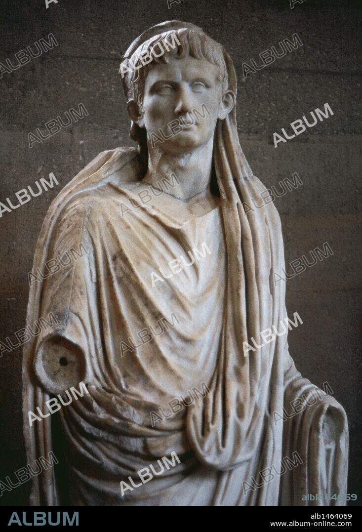 Augustus (Imperator Caesar Divi F. Augustus). (63 BC-14 AD). Founder of the Roman Empire and its first Emperor. Statue as Pontifex Maximus. Archaeological Museum of Corinth. Greece.