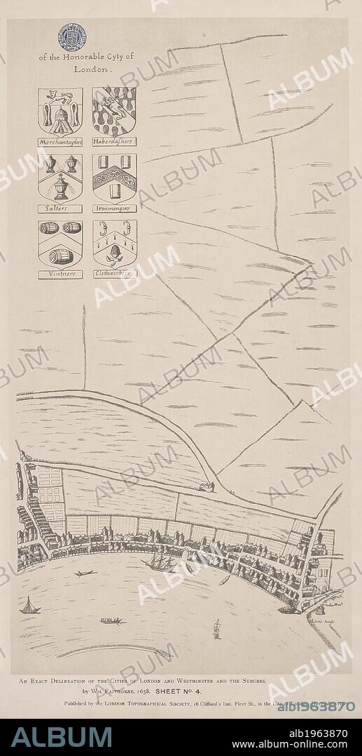 Map of the Honorable City of London. Shields and coats of arms of the Guilds. . Civitas Londinum. Plan of London circa 1560-70. London : London Topographical Society. Published in 1905., by Ralph Agas. [Collated and reproduced from the copies in the Guildhall Library, London, and Magdalene College, Cambridge]. Source: Map 183.p.1.(2). Language: English.