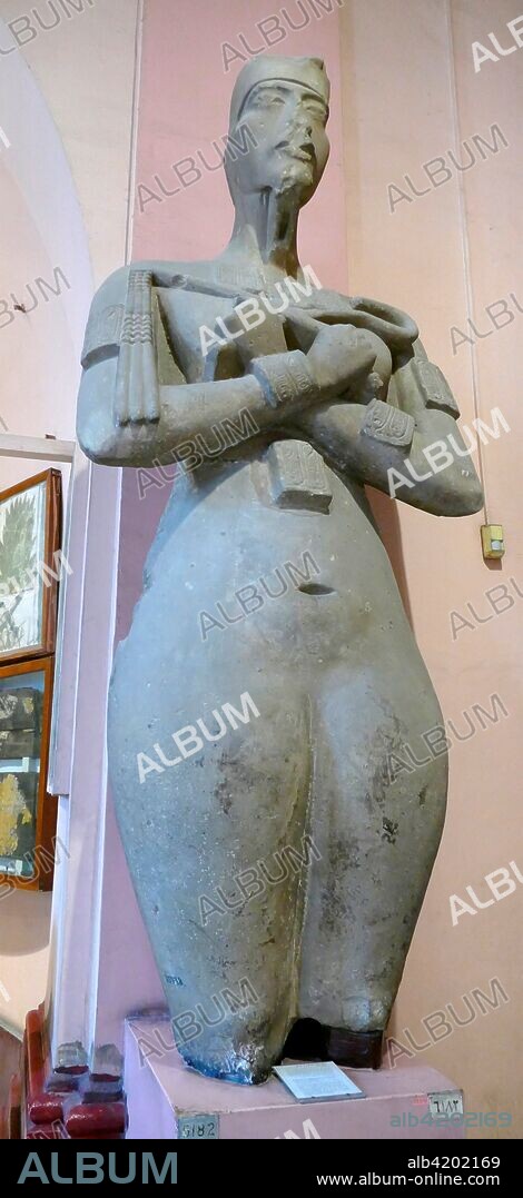 Statue of Nefertiti or Akhenaten 1350 BC. found in the Precinct of the Aten at Karnak. Sandstone. 18th Dynasty. Reign of Akhenaten (c. 1351-1334 BC). Part of a statue which was one of a series of colossi that once lined a colonnade in the Aten temple. erected by Akhenaten at the beginning of his reign at Kamak.