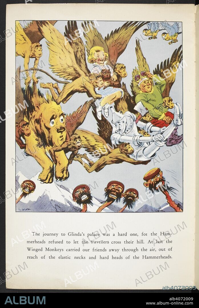 LYMAN FRANK BAUM and PERCY ALEXANDER LEASON. The winged monkeys carrying Dorothy and her friends to Glinda's palace, over the Hammerheads. The Wizard of Oz picture book. London : Hutchinson, [1940]. Source: LB.31.c.9373 page 9.