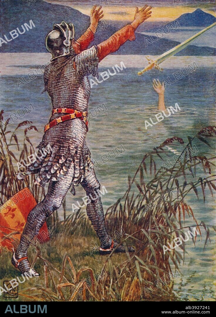 Sir Bedivere casts the sword Excalibur into the Lake', 1911. Artist: Walter  Crane. - Album alb3927241