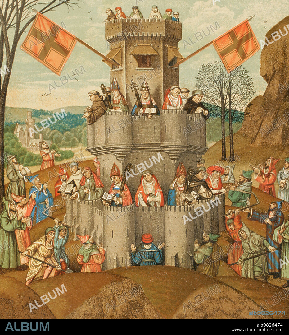 Representation of the Catholic Church as The Fortress of Faith. The defending forces of the Christian faith. Besieged by the impious and heretics, it is defended by the Pope, the bishops, the monks, and the Doctors of the Church, who are the knights of the faith. Chromolithography from a 15th-century miniature. Detail. "Vie Militaire et Religieuse au Moyen age et à l'Epoque de la Renaissance. Paris, 1877.