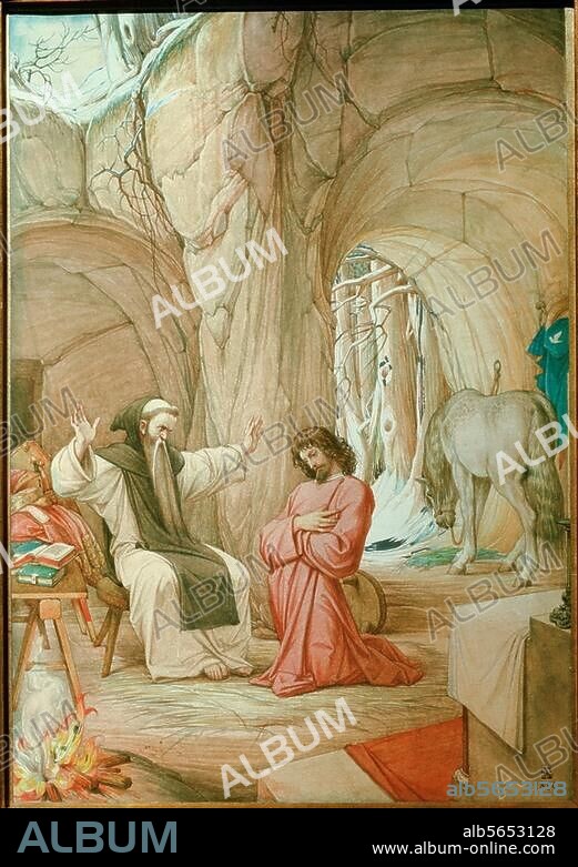 Wolfram von Eschenbach; c. 1170-1220. Works: Parzival. Parzival's penance. Watercolour, 1884, by Edward Jakob von Steinle (1810-1886). 4th picture in the "Parzival-Series". Pencil, watercolour and opaque colours on paper, an canvas, 68.5 × 48.4 cm. Munich, Neue Pinakothek.