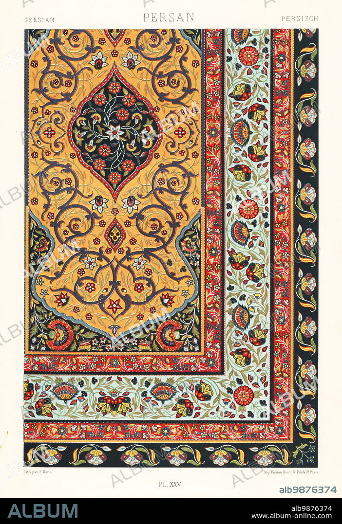 Persian art: embroidered carpet. Carpet with arabesques and flowers showing the influence of Indian art. Persan. Hand-finished chromolithograph by F. Durin from Albert-Charles-Auguste Racinets LOrnement Polychrome, (Polychromatic Ornament), Firmin-Didot, Paris, 1869-73.