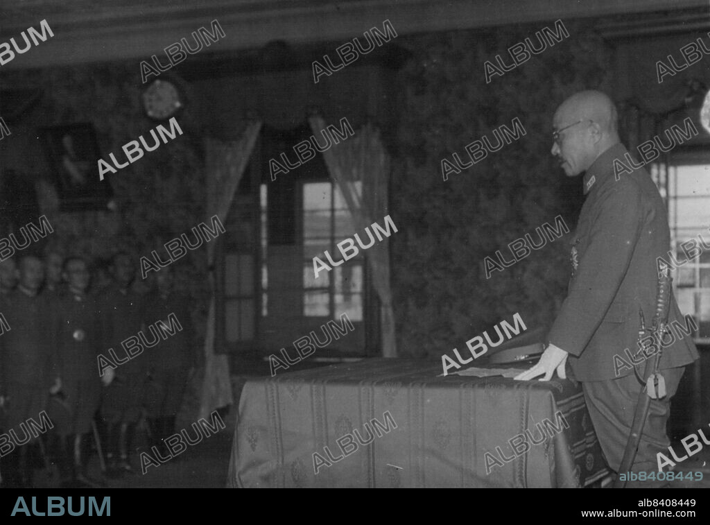New War Minister ... New War Minister Lieutenant-General Hideki Tojo, is seen as making instructive speech to the high officials at the War Office today. July 23, 1940. (Photo by The Domei News Photos Service).