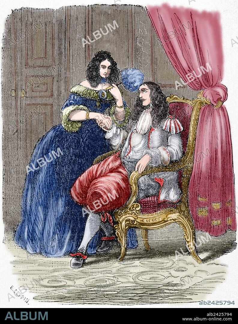 LUIS XIV, el REY SOL (Saint Germain-en-Laye,1638-Versalles,1715). Rey de Francia (1643-1715), primogénito de Luis XIII. "Luis XIV con Madame de Montespan (1640-1707), amante de Luis XIV a partir de 1667. Favorita de 1667-1679, teniendo siete hijos del monarca. Grabado coloreado.