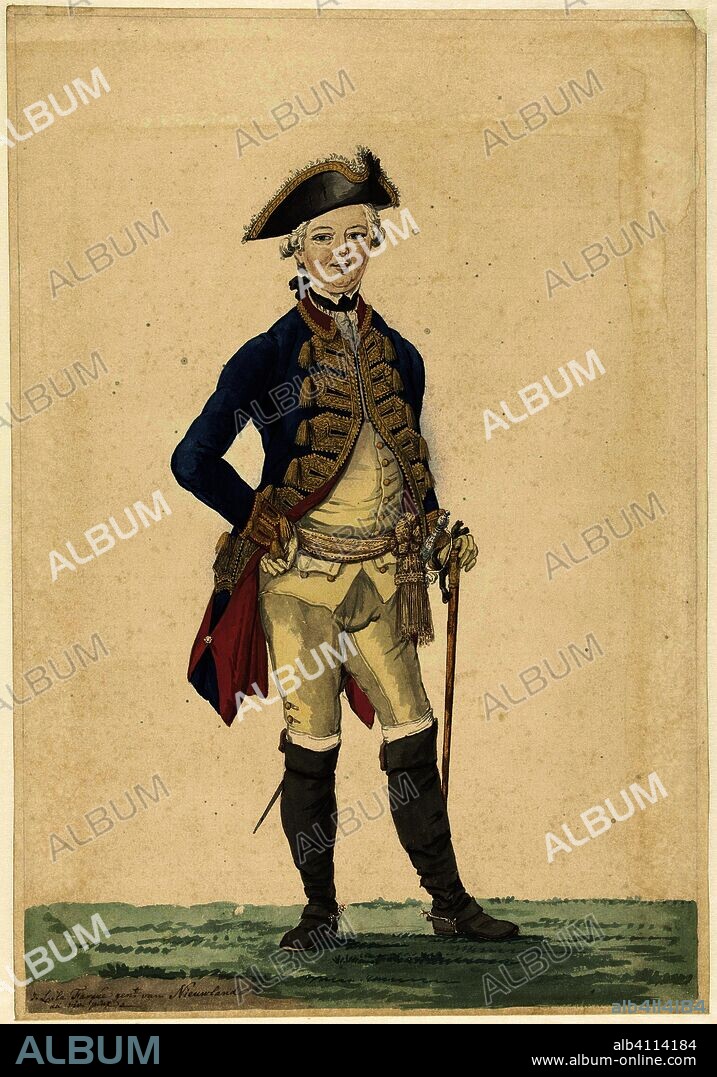 Een adjunct-generaal. Costumes van het hof van Willem V (series title). Draughtsman: Isaac Lodewijk la Fargue van Nieuwland. Dating: 1766. Measurements: h 391 mm × w 267 mm.