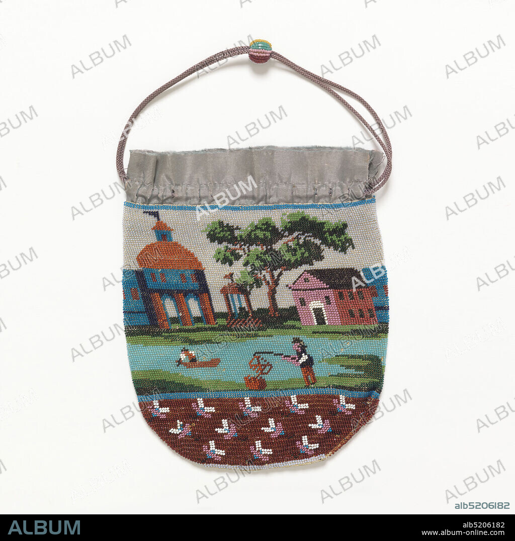Bag (tobacco pouch), Medium: silk, glass beads Technique: beaded knitting Label: knitted silk with glass beads, Drawstring bag knitted with colored glass beads with a landscape scene of a river with one man in a rowboat and another fishing from the shore; buildings and a tree on an opposite shore. Blue silk taffeta at the top with a silk drawstring and beaded ball., USA, 19th century, costume & accessories, Bag (tobacco pouch).