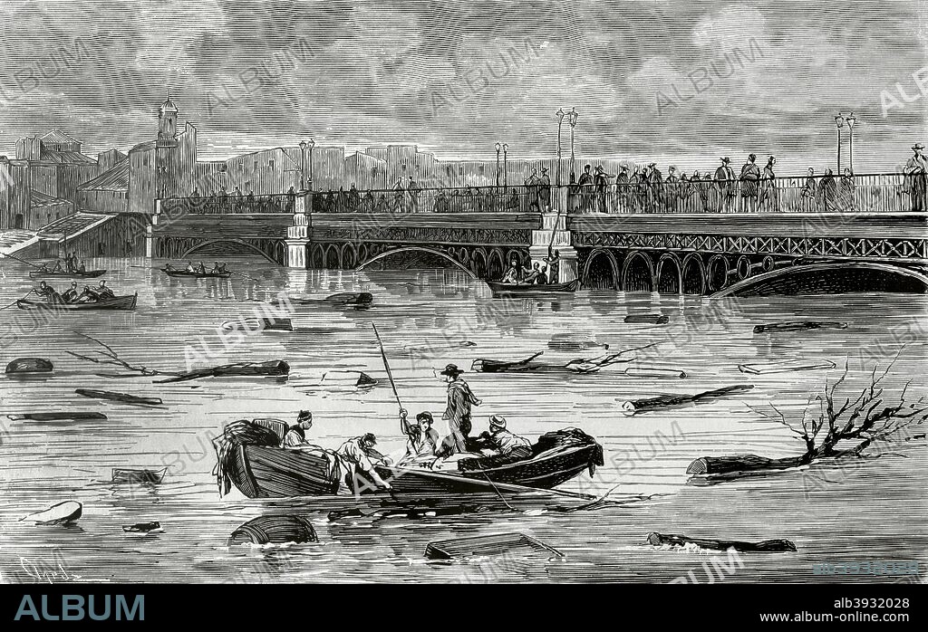 Spain, Andalusia, Seville. Floods in the city. Overflow of the Guadalquivir river. View of the Triana Bridge on the afternoon of December 8, 1876. Engraving by Capuz. La Ilustracion Espa–ola y Americana, December 22, 1876.