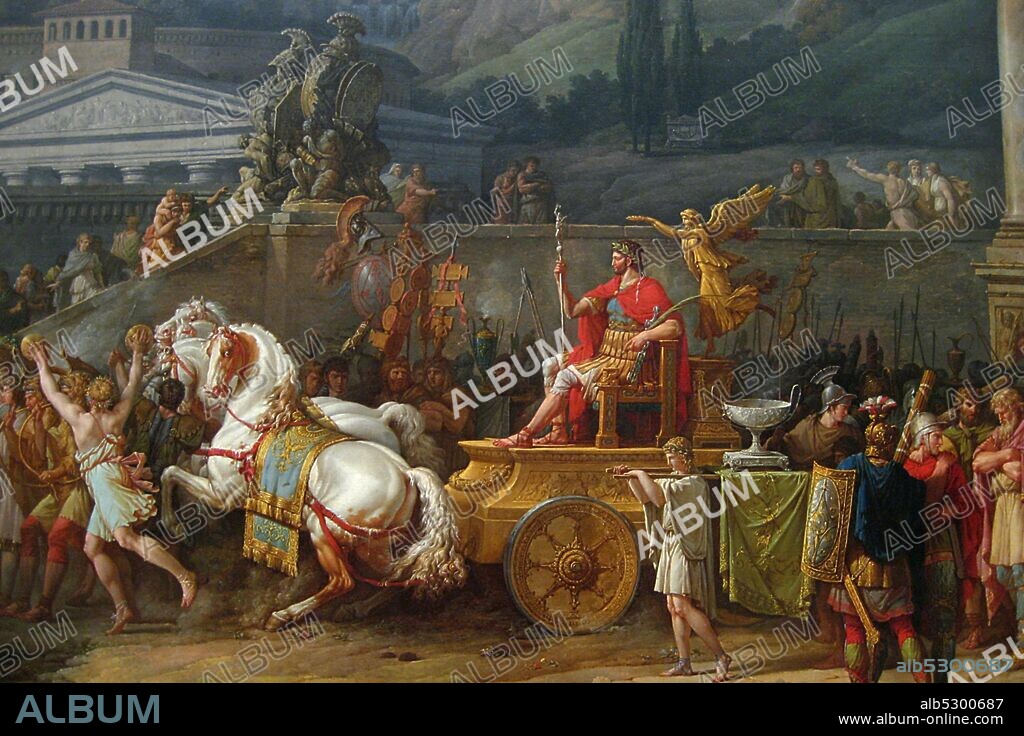 The Triumph of Aemilius Paulus, 1789; procession celebrating the victory of the Roman general Aemilius Paulus over King Perseus of Macedonia in 168 B.C. Aemilius is shown on the gold chariot on the right followed by prisoners, among whom is Perseus with his family. The temple of Jupiter Capitolinus with its hundred steps dominates the background.  Antoine Charles Horace Vernet aka. Carle Vernet (14 August 1758 – 17 November 1836) was a French painter, the youngest child of Claude Joseph Vernet, and the father of Horace Vernet..