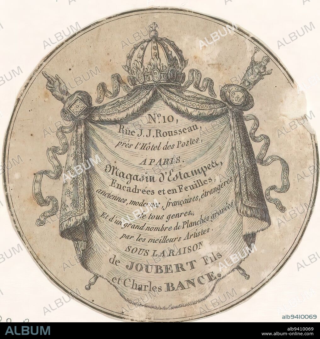 Label of print dealers Joubert Fils and Charles Bance in Paris, Address on the inside of a king's mantle surrounded by regalia. The cloak on the outside decorated with bees, on the top a crown, on the left the hand of justice and on the right a scepter with a prince with empire apple. This combination was in use during the First French Empire (1804-1815)., print maker: anonymous, 1804 - 1815, paper, etching, engraving, width 69 mm.
