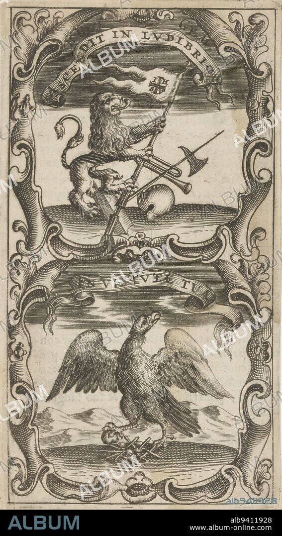 Lion with a banner / Bird of Prey near its nest, Ascendit in Ludibrio / In Virtute Tua (title on object), Symbola Divina et Humana Pontificum Imperatorum Regum (series title), An emblem with two representations. Above a lion with a lance and banner with IHSV (In Hoc Signo Vinces). The lion is standing on weaponry. Below a bird of prey near a nest with branches and stones., print maker: anonymous, after print by: Aegidius Sadeler (II), 1666, paper, engraving, letterpress printing, height 121 mm × width 66 mm.