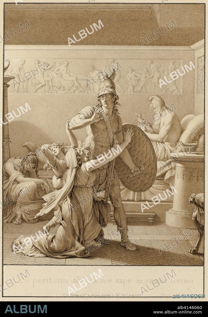 THE YOUNGER JEAN MICHEL MOREAU. Creusa Pleads with Aeneas as He Leaves for War. Jean Michel Moreau; French, 1741-1814. Date: 1803. Dimensions: 226 × 155 mm (image); 322 × 231 mm (sheet). Pen and brown ink, brush and brown wash, on cream wove paper. Origin: France.