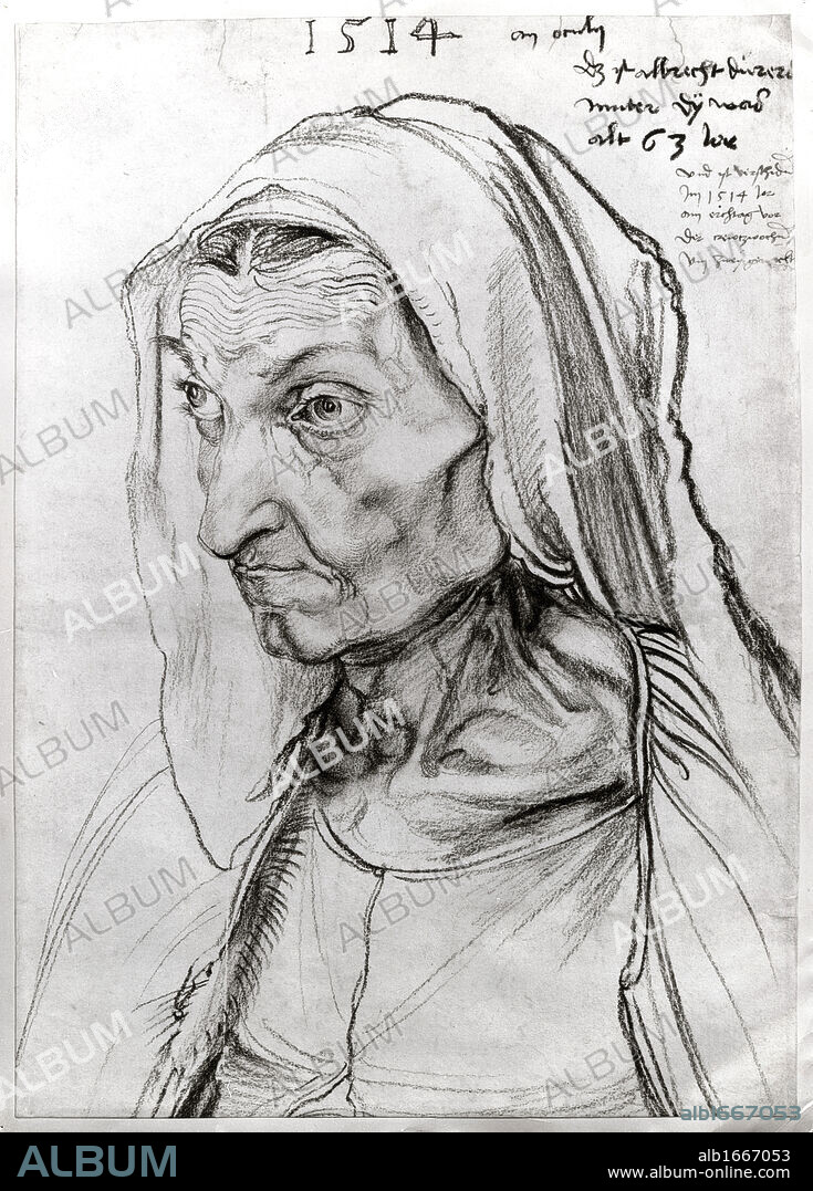 ALBRECHT DÜRER. Portrait of the Artist's Mother  1514  Albrecht Durer (1471-1528 German)  Charcoal  Staatliche Museen Preussischer Kulturbesitz (Gemaldegalerie) Berlin, Germany.