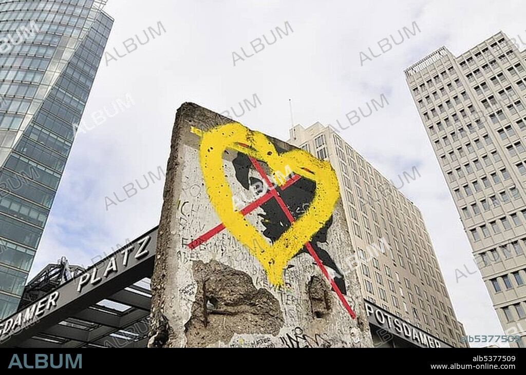 Remains of Berlin Wall at Potsdamer Platz, Potsdam Square, BahnTower on the left, Beisheim Centre on the right, Berlin, Germany, Europe.