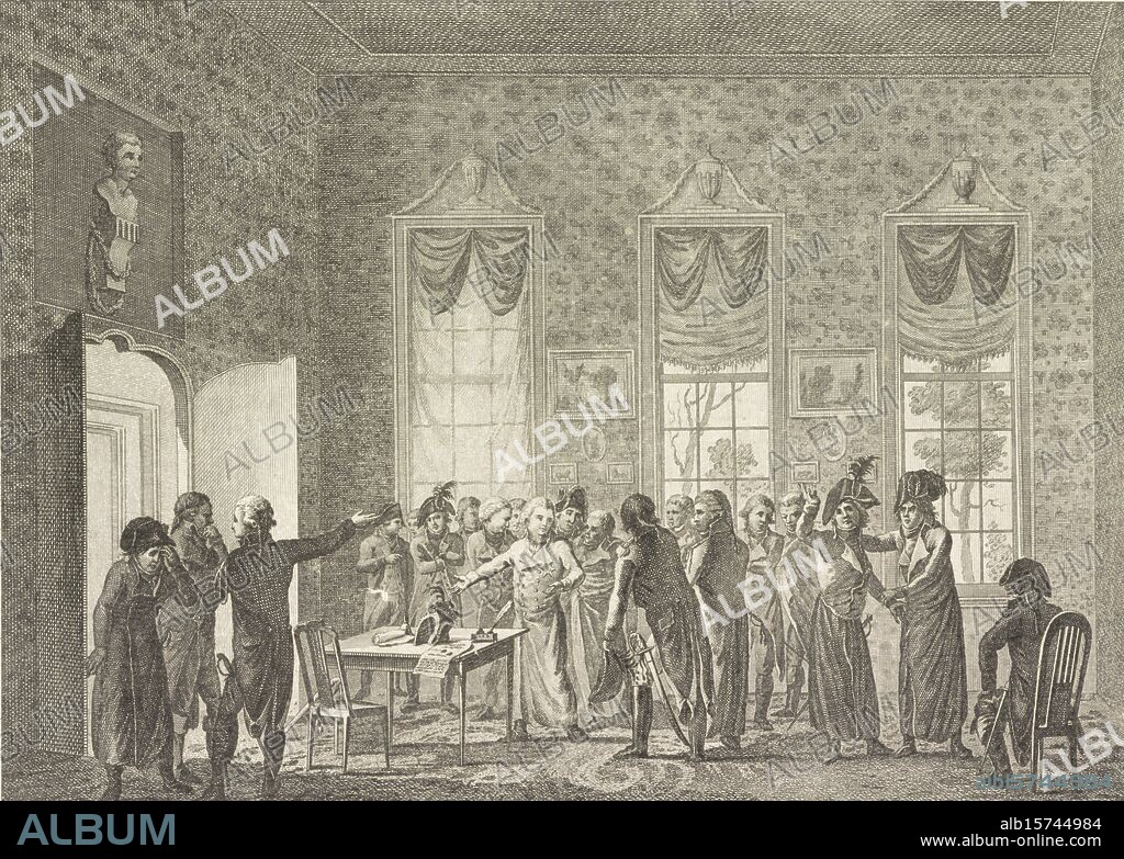 Prince Frederik saying goodbye to the Rassemblement in Osnabrück, 1795, Prince Fredrik saying goodbye to the officers of the Rassemblement in Osnabrug (title on object), Prince Willem George Frederik saying goodbye to the Rassemblement in Osnabrück, 1795. After the failure of the formation in Osnabrück of a liberation army composed of emigrated Dutch soldiers and officers., print, print maker: Cornelis Brouwer, (mentioned on object), after drawing by: Cornelis Groeneveld, (mentioned on object), Netherlands, 1803, paper, etching, engraving, height, 191 mm × width, 231 mm.