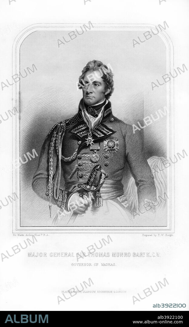 Sir Thomas Munro, Scottish soldier and statesman, (1870). Munro (1761-1827) served in India, becoming Governor of Madras in 1820. An engraving from Robert Chambers' A Biographical Dictionary of Eminent Scotsmen, Blackie and Son, (Glasgow, Edinburgh, and London, 1870).