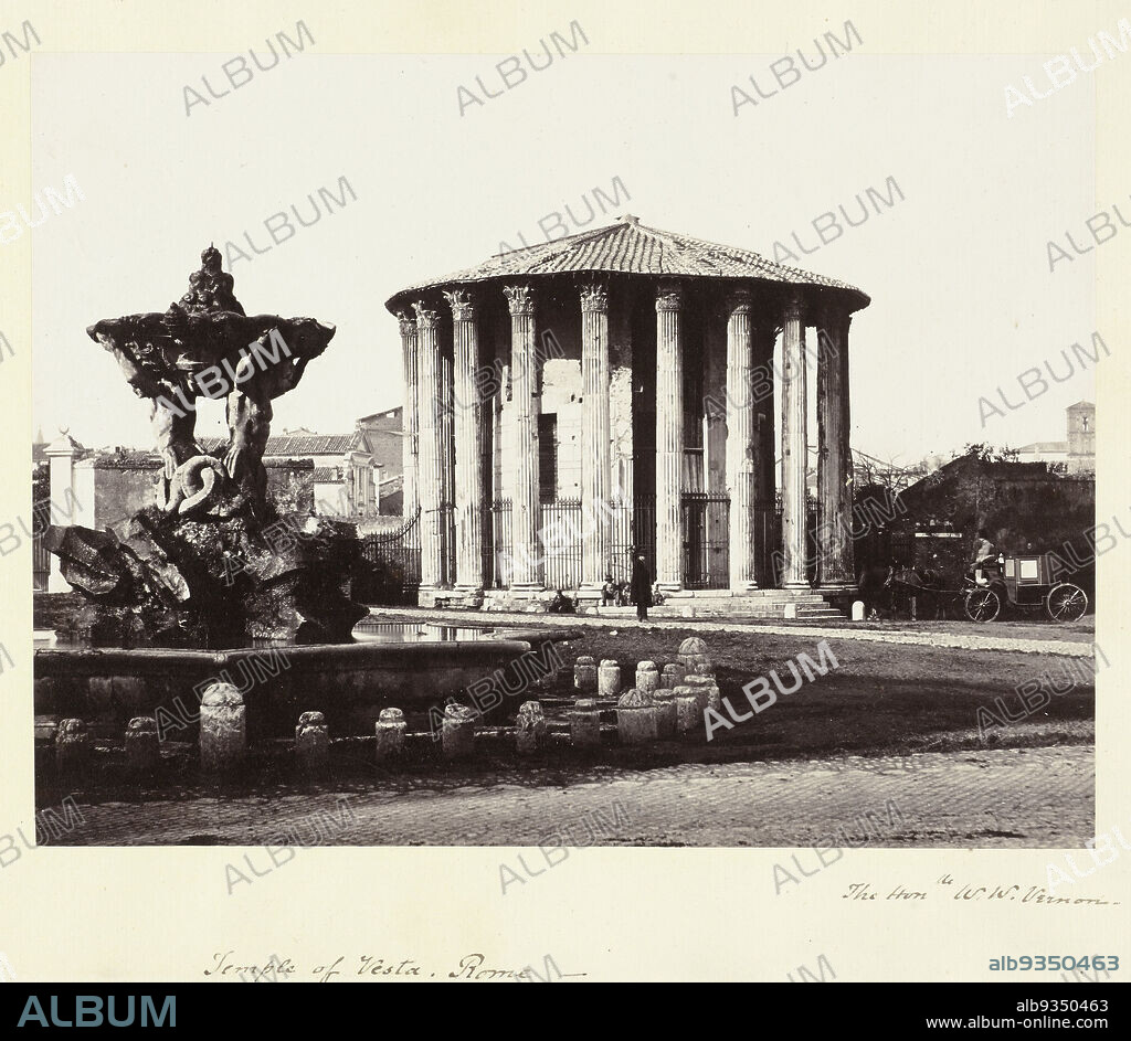 Temple of Vesta in Rome, Temple of Vesta, Rome (title on object), Warren W. Vernon (mentioned on object), Rome, 1860 - 1870, paper, cardboard, albumen print, height 160 mm × width 215 mmheight 268 mm × width 315 mm.