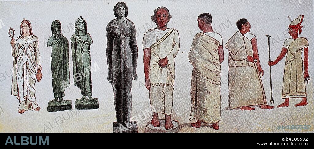 Clothing in Ancient Egypt, New Kingdom, Late Period, Ramessiden, 1324-1258 BC, from left, Isis priestess with Greco-Roman costume, marble statuette in the Capitol Museum in Rome, an Isis priestess in Egyptian costume, woman in women's costume, Egyptian in the coat, Ptolemy Euergetes with Crown, cloak, scepter and handle cross, 247-221 BC, digital improved reproduction of an original print from the 19th century.