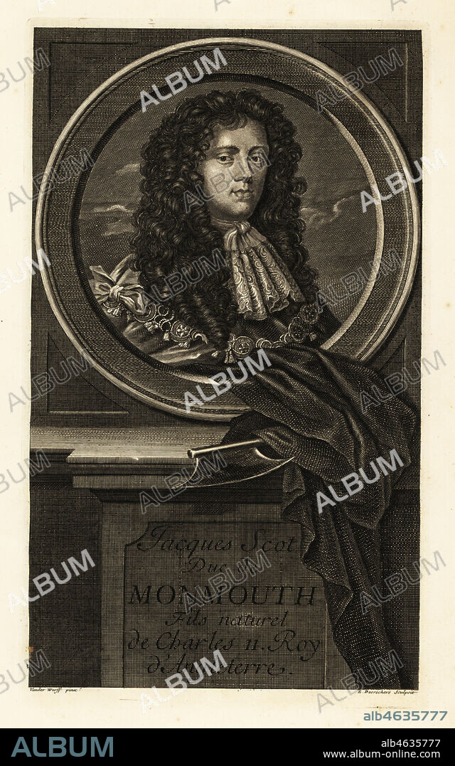 James Scott, 1st Duke of Monmouth, bastard son of King Charles II of England, Jacques Scot, Duc de Monmouth. In wig, lace kerchief, suit decorated with ribbons and frills. Axe under swag indicates execution by beheading. Copperplate engraving by Etienne Desrochers after Adriaen van der Werff after a painting by Sir Peter Lely from Isaac de Larreys Histoire dAngleterre, dEcosse et dIrlande, Amsterdam, 1730.