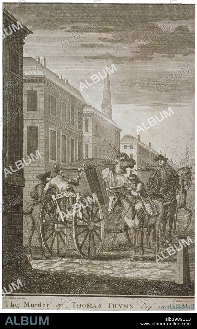 Scene of Thomas Thynne's murder in Pall Mall, Westminster, London, 1682 (c1775). Scene showing two men on horseback shooting their victim in his carriage. A wealthy landowner and MP for Wiltshire, Thomas Thynne married Lady Elizabeth Percy, daughter of the Earl of Northumberland, in 1681 but was then assassinated the following year by Count Karl Johann von Konigsmark, a rival suitor. Konigsmark was acquitted of the crime, allegedly due to corruption of the jury, but his accomplices, Christopher Vratz, John Stern and Charles George Borosky, were hanged.