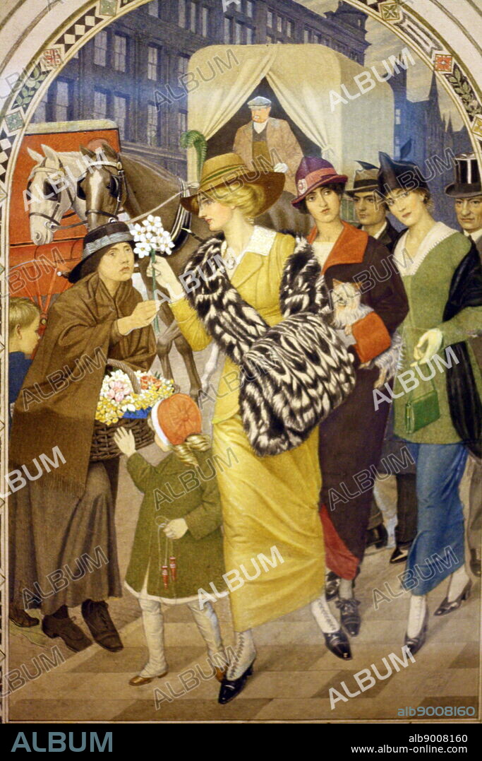 Design for "Corporation Street", Birmingham, in March 1914. By Joseph Southall, circa 1915. Pencil, watercolour and bodycolour on buff paper. This is the original design for the fresco Southall painted in Birmingham, Museum and Art Gallery.