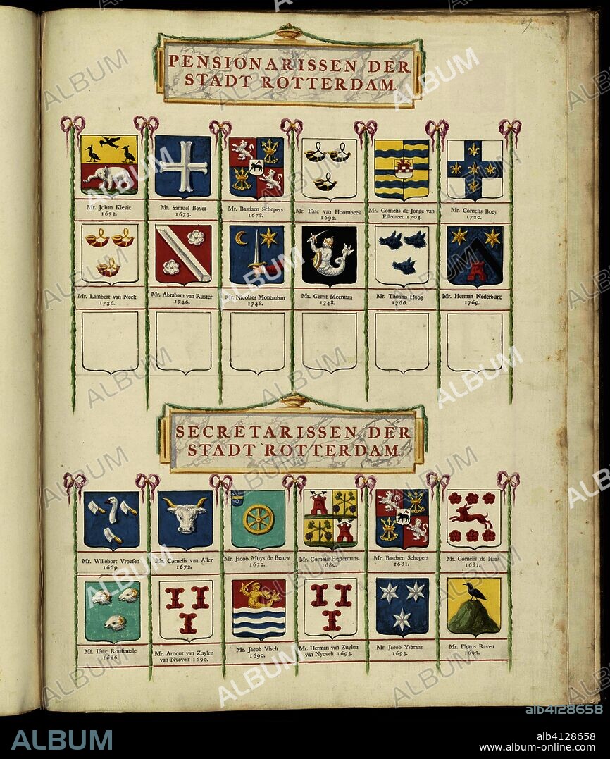 Vierentwintig wapens van pensionarissen en secretarissen van de stad Rotterdam. Caart van de stad Rotterdam (...) (series title). publisher: Stadsbestuur Rotterdam. Draughtsman: anonymous. Dating: 1783. Measurements: h 460 mm × w 580 mm.